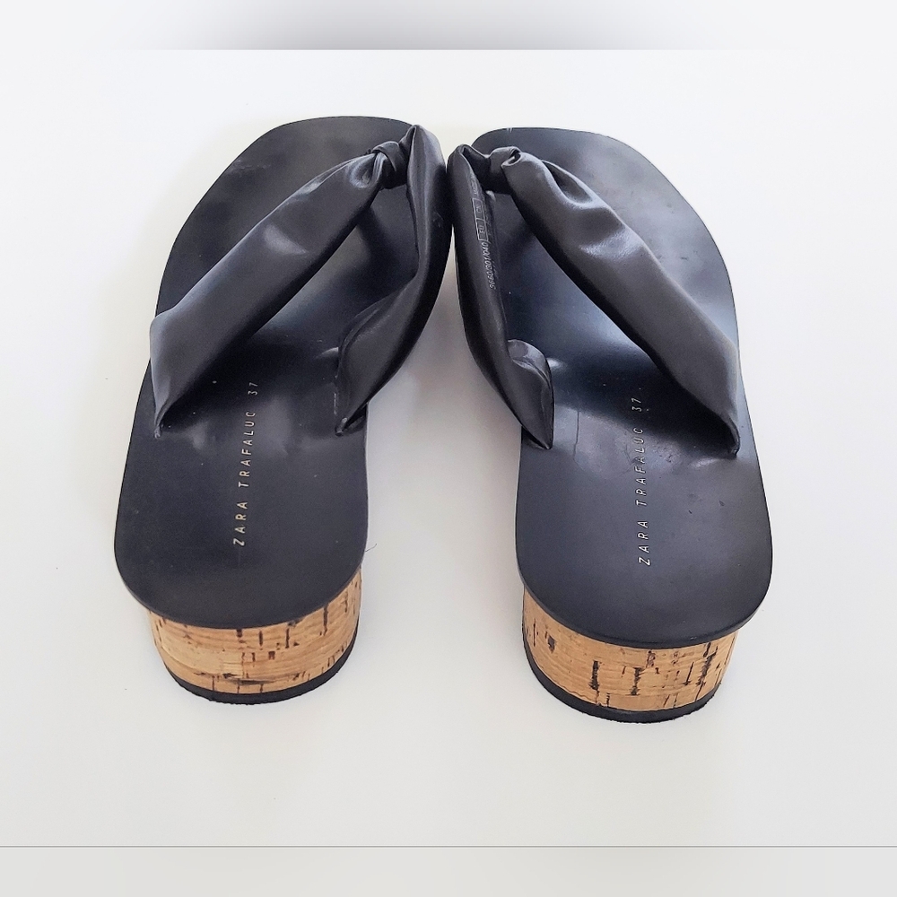 Zara Open Thong Sandal Clogs Cork Sole Black Shoes Size 37 - Picture 2 of 6